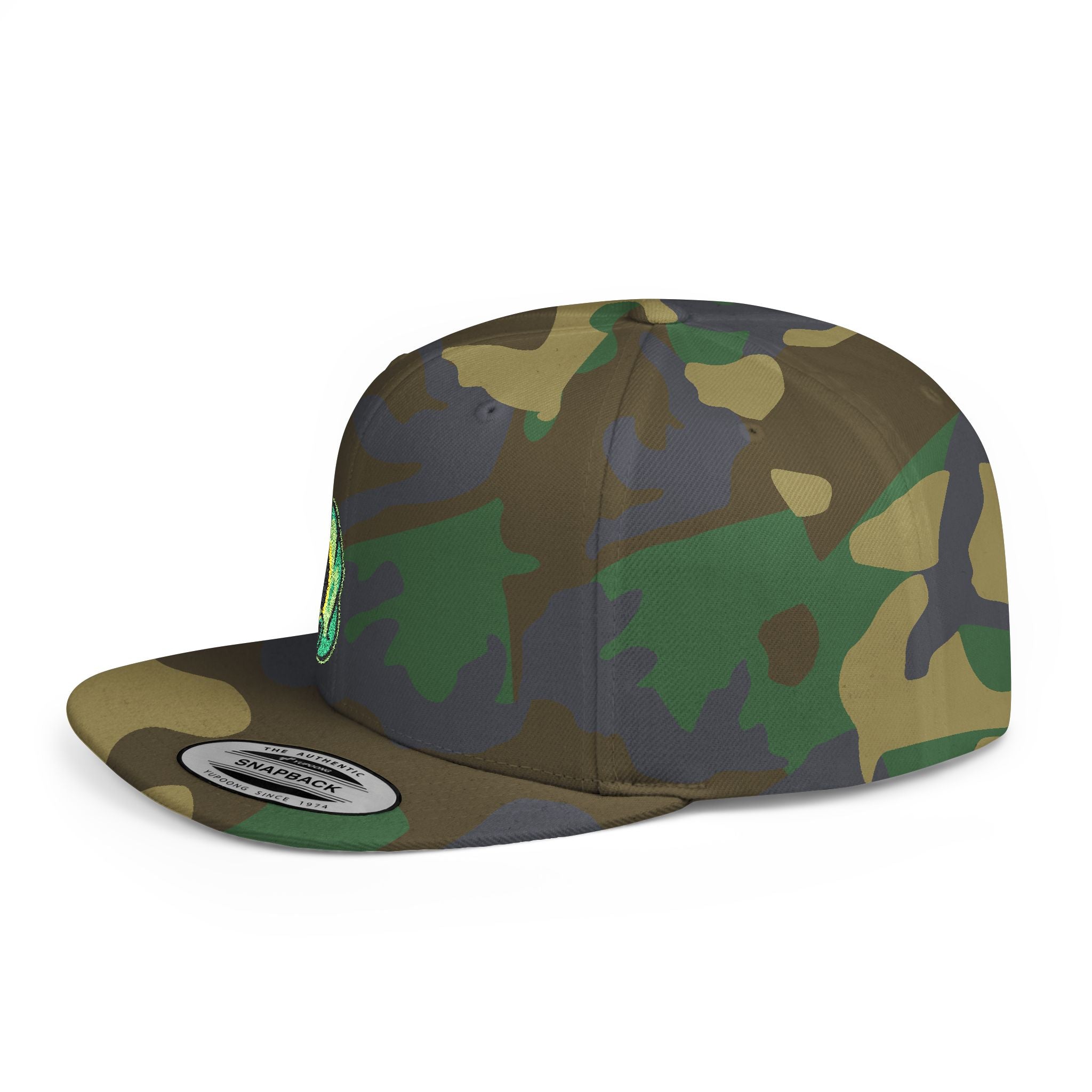 Snapback Hat — Embroidered Gas Mask Character Flat Bill Cap