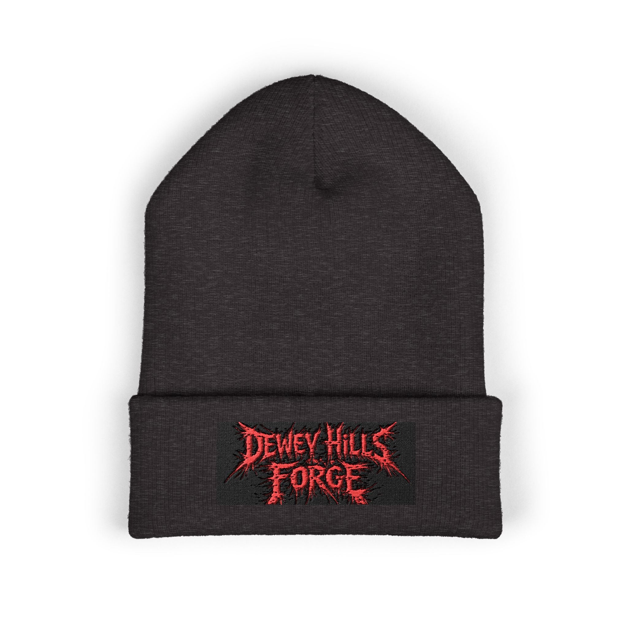 Embroidered 'Dewey Hills Forge' Cuffed Beanie — Gothic Black Knit Hat