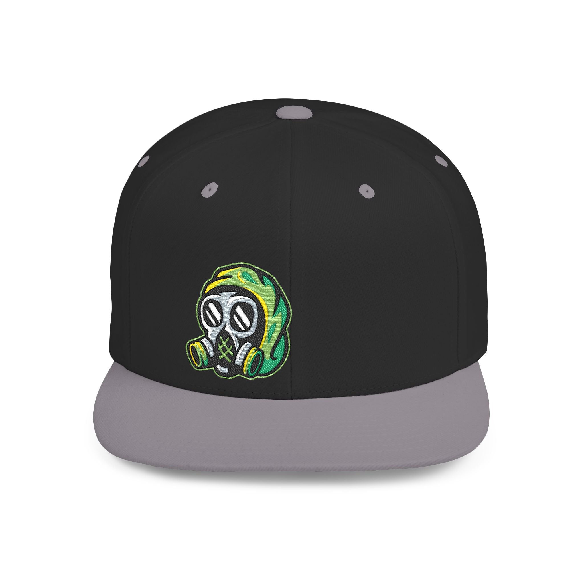 Snapback Hat — Embroidered Gas Mask Character Flat Bill Cap