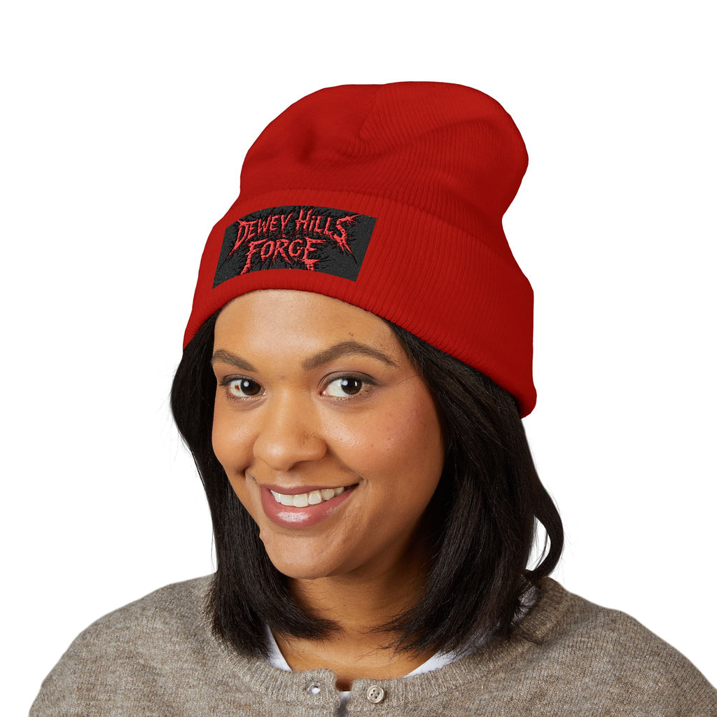 Embroidered 'Dewey Hills Forge' Cuffed Beanie — Gothic Black Knit Hat