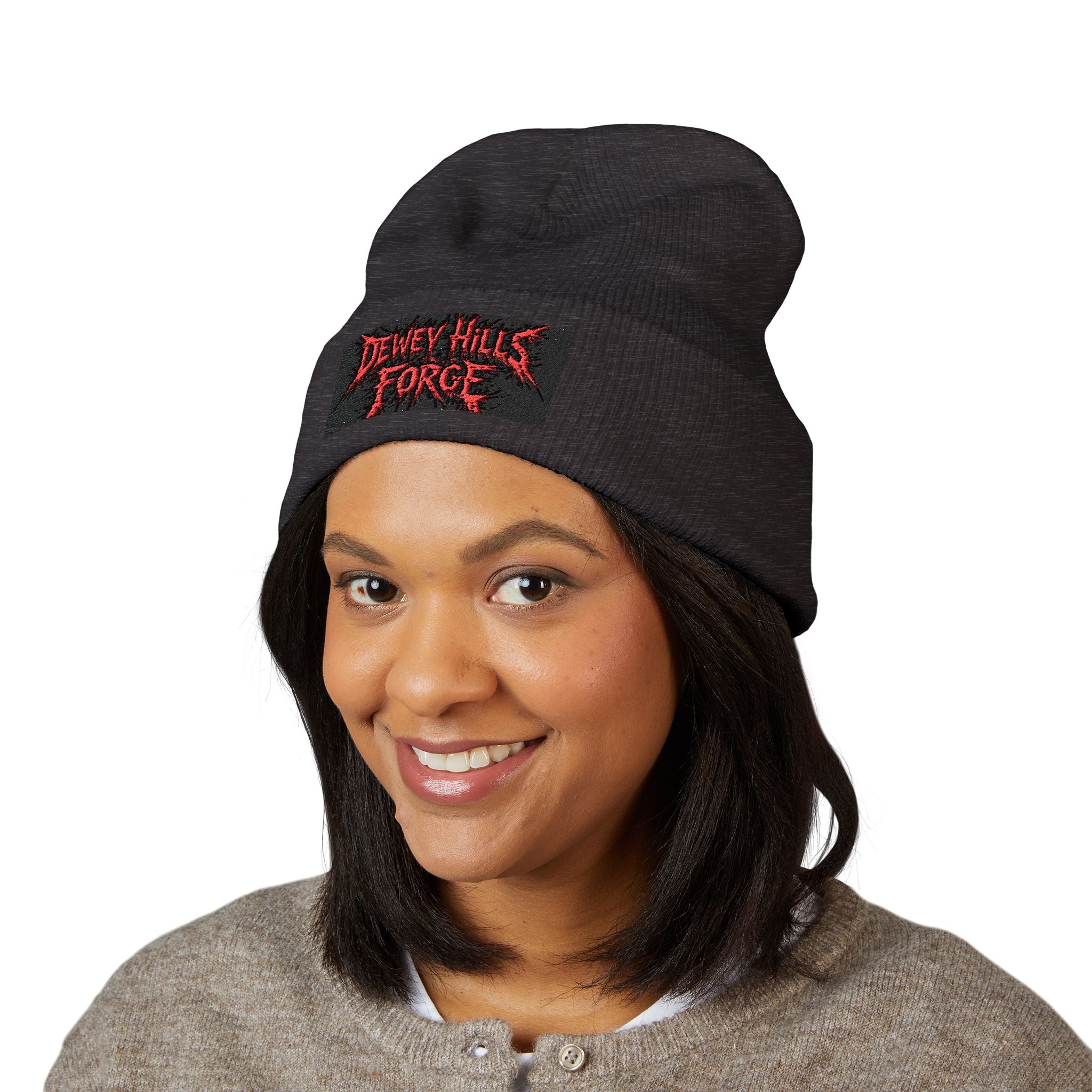 Embroidered 'Dewey Hills Forge' Cuffed Beanie — Gothic Black Knit Hat