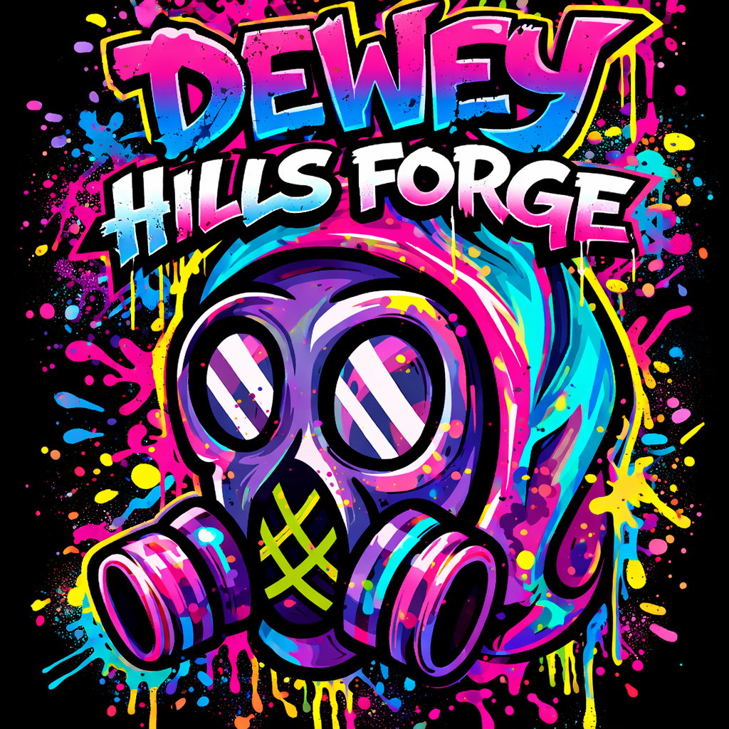 Gas Mask Graffiti Tee — “Dewey Hills Forge” Neon Streetwear T‑Shirt