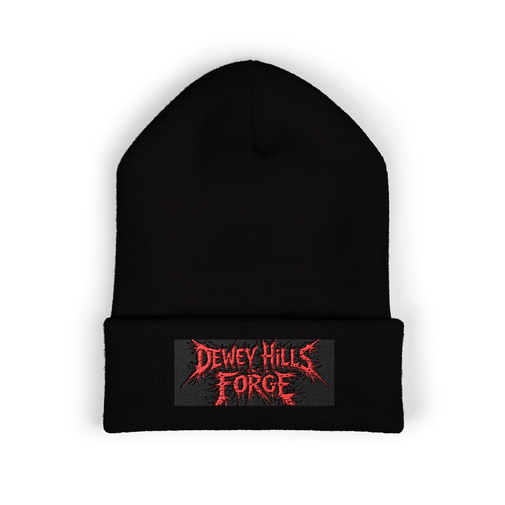 Embroidered 'Dewey Hills Forge' Cuffed Beanie — Gothic Black Knit Hat