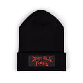 Embroidered 'Dewey Hills Forge' Cuffed Beanie — Gothic Black Knit Hat