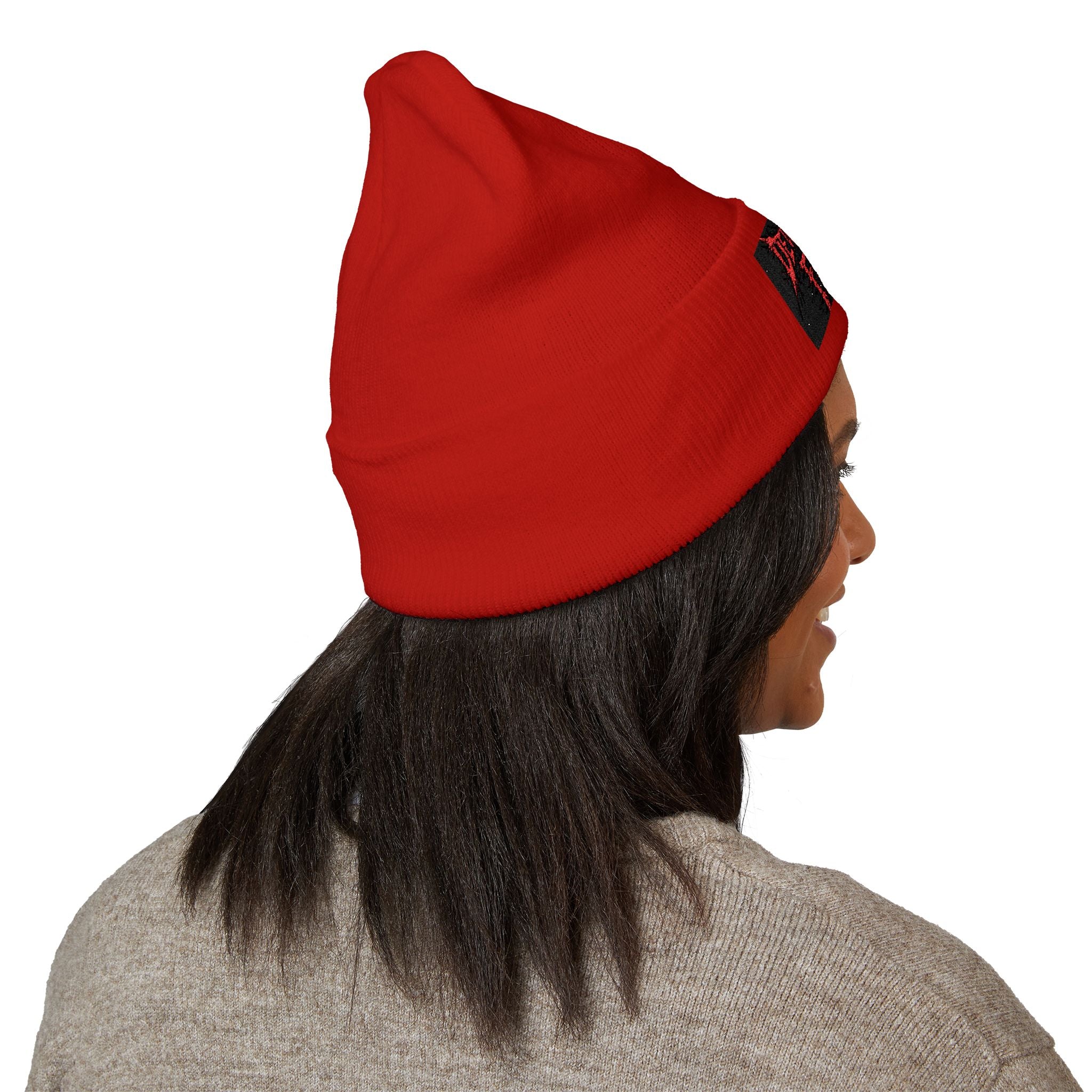Embroidered 'Dewey Hills Forge' Cuffed Beanie — Gothic Black Knit Hat