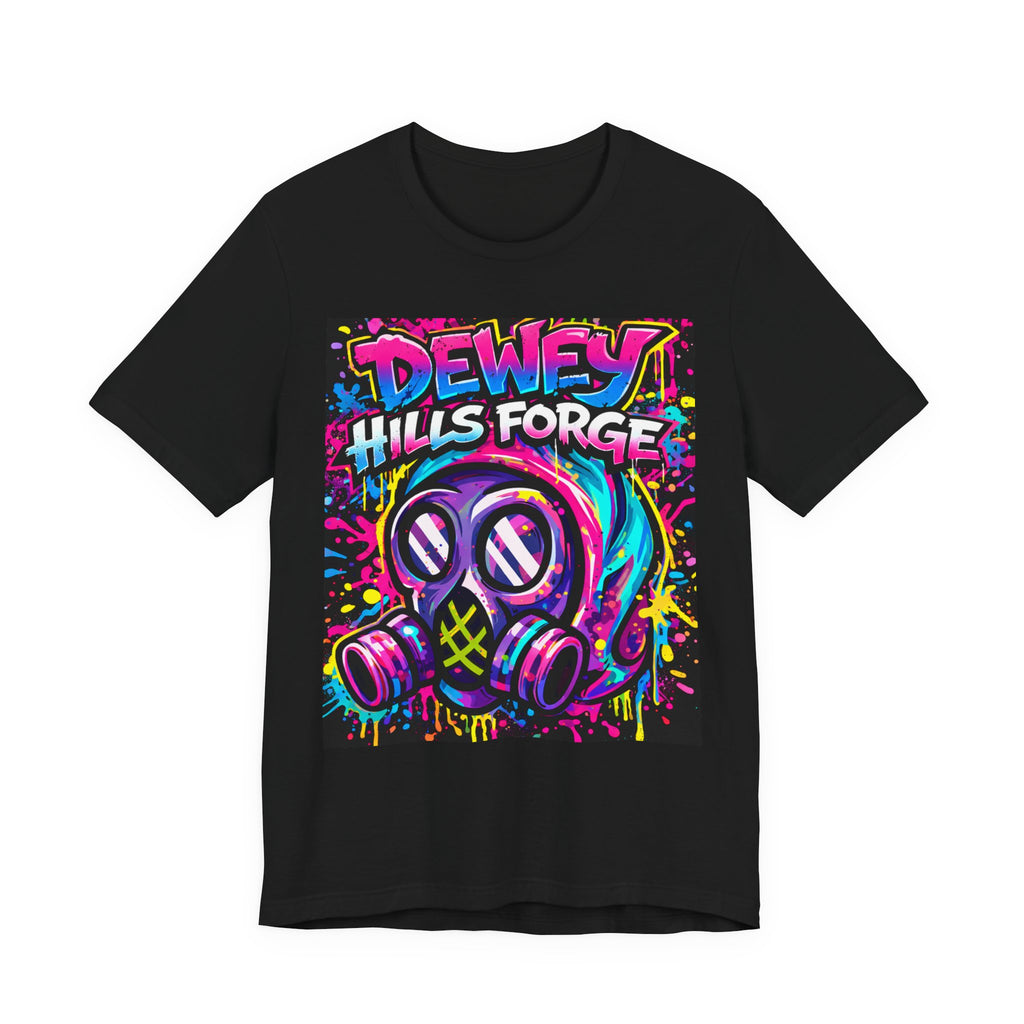 Gas Mask Graffiti Tee — “Dewey Hills Forge” Neon Streetwear T‑Shirt