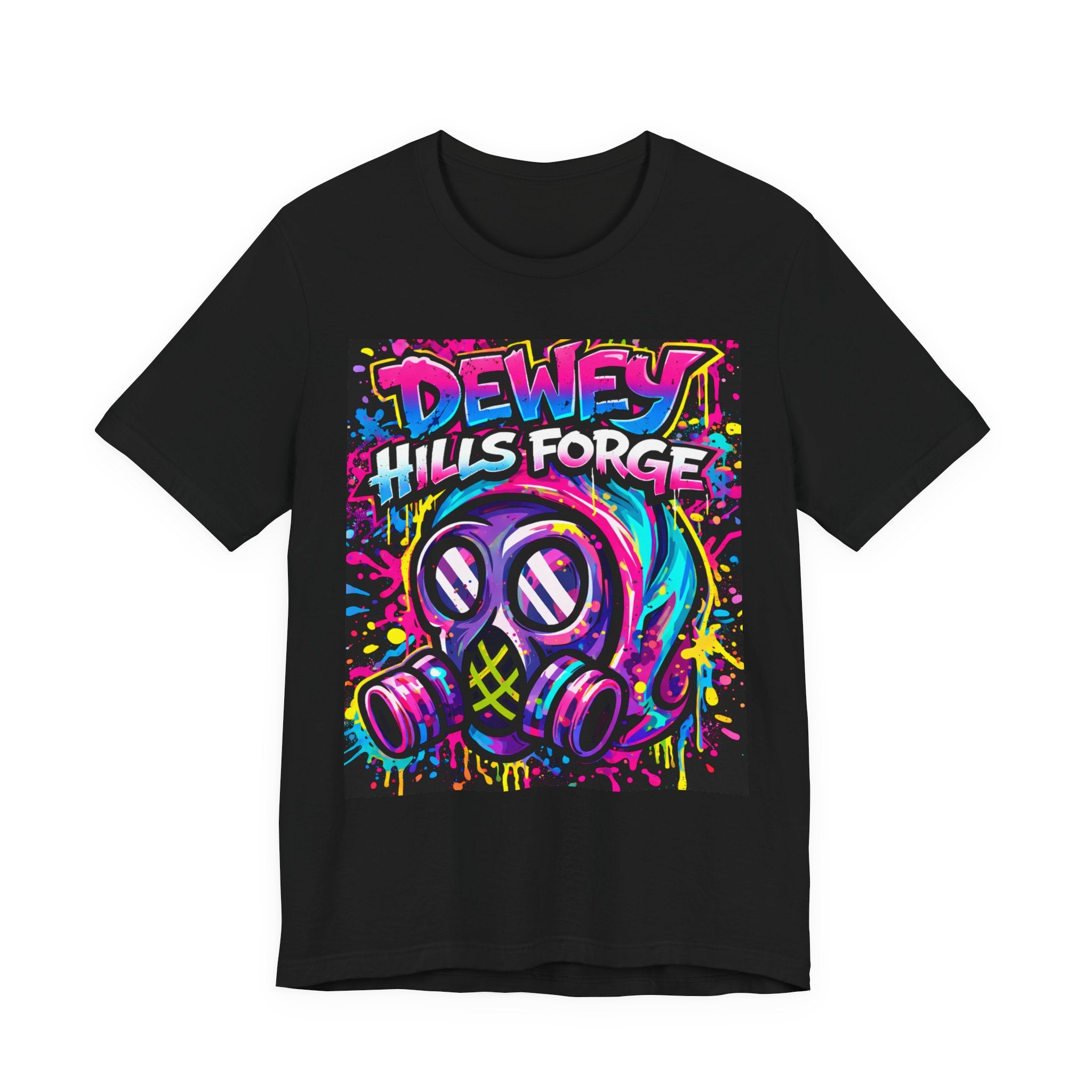 Gas Mask Graffiti Tee — “Dewey Hills Forge” Neon Streetwear T‑Shirt