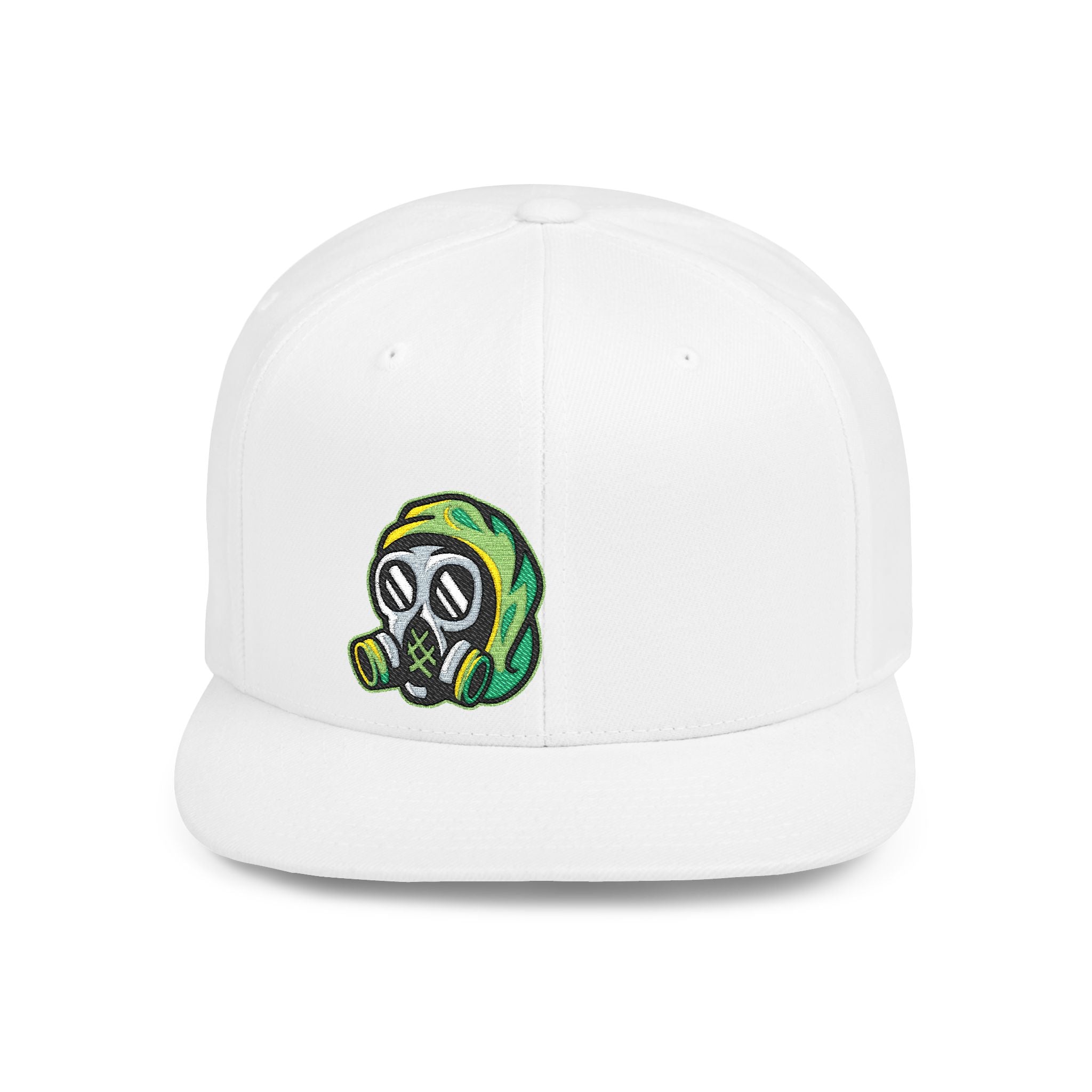 Snapback Hat — Embroidered Gas Mask Character Flat Bill Cap