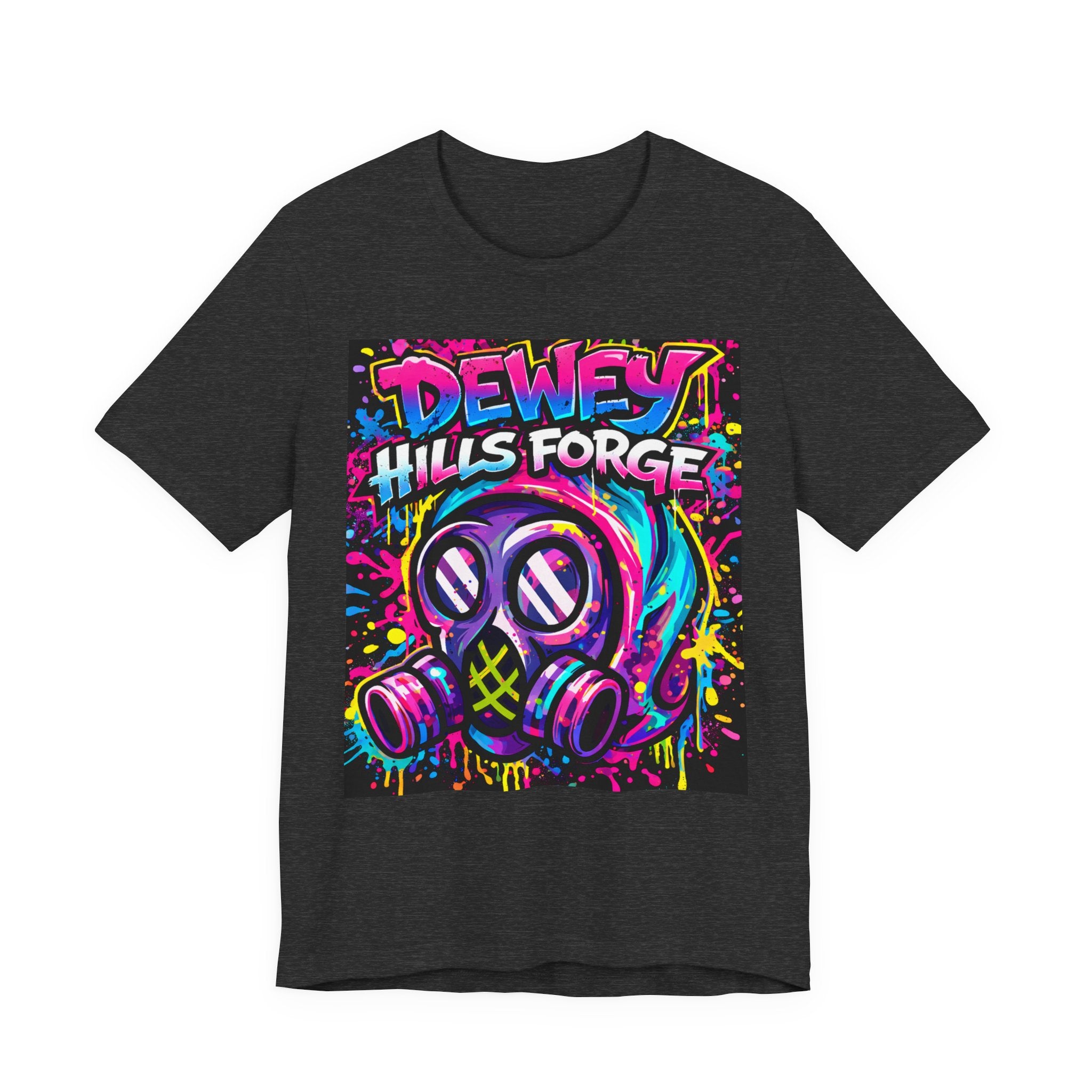 Gas Mask Graffiti Tee — “Dewey Hills Forge” Neon Streetwear T‑Shirt