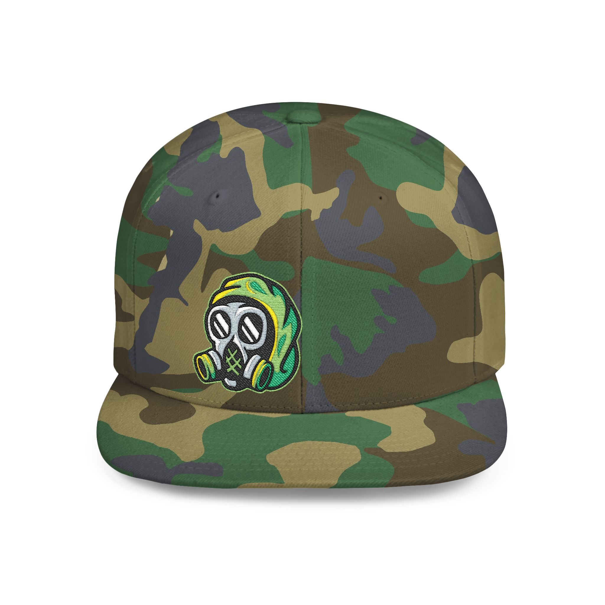 Snapback Hat — Embroidered Gas Mask Character Flat Bill Cap