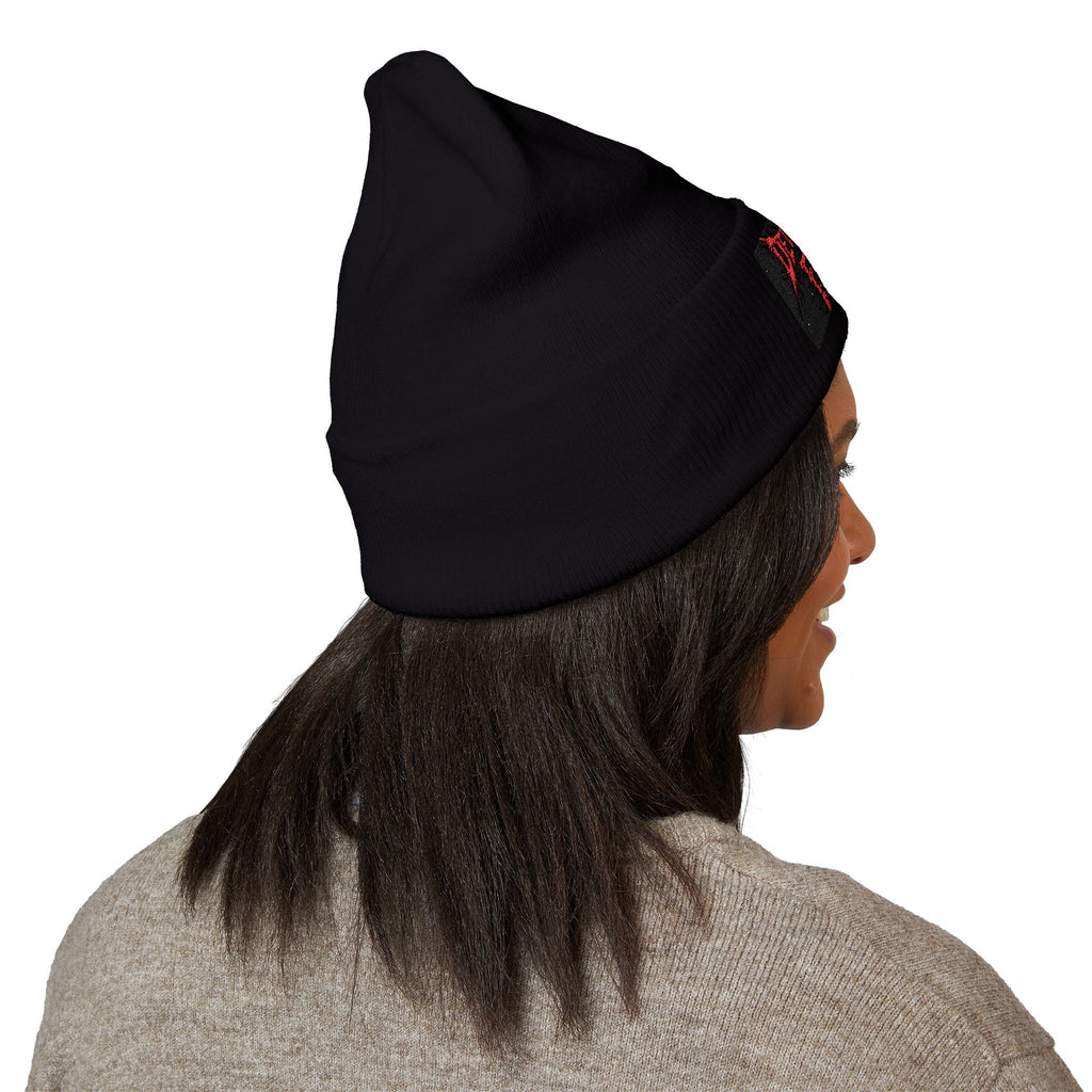 Embroidered 'Dewey Hills Forge' Cuffed Beanie — Gothic Black Knit Hat