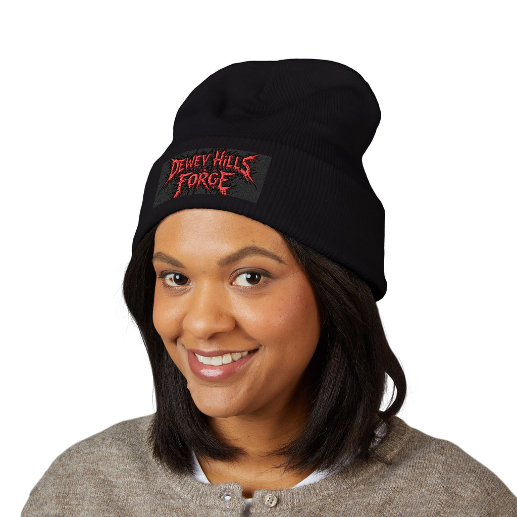 Embroidered 'Dewey Hills Forge' Cuffed Beanie — Gothic Black Knit Hat