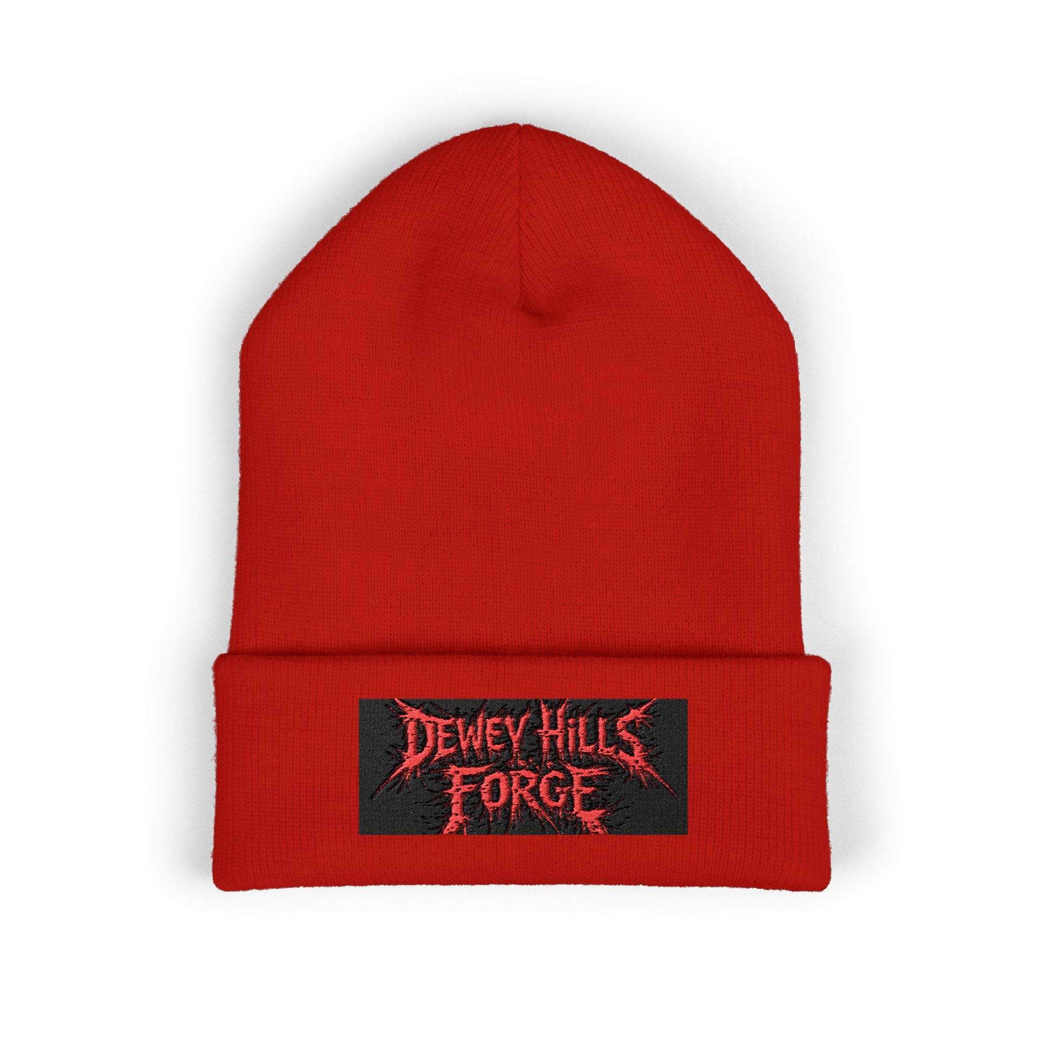 Embroidered 'Dewey Hills Forge' Cuffed Beanie — Gothic Black Knit Hat